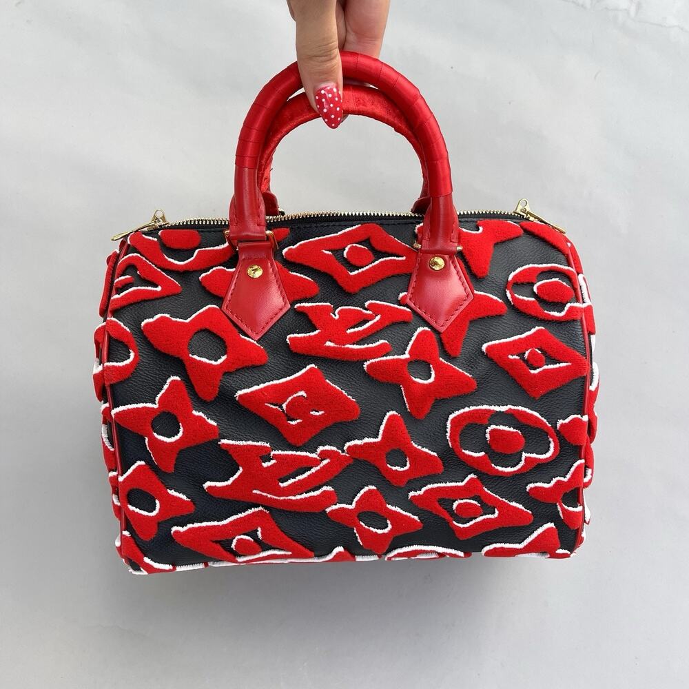 Louis Vuitton Speedy Bandouliere 25 Urs Fischer Black And Red Velvet And Leather - Picture 10 of 14